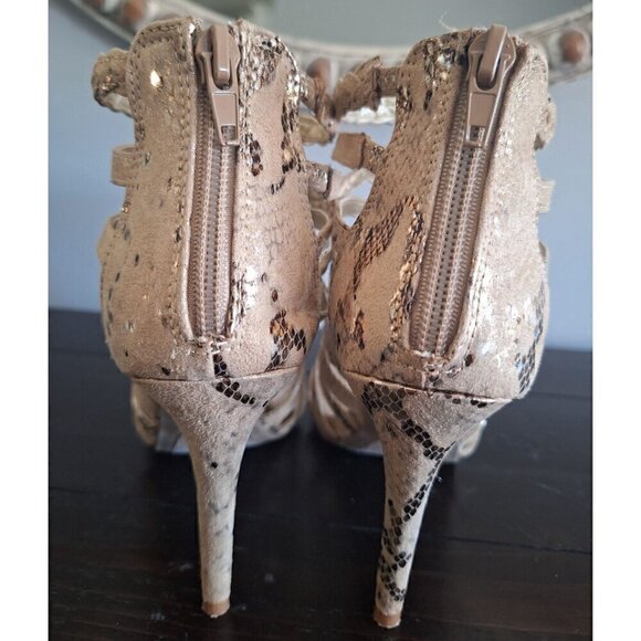 Fergalicious Faux Snakeskin Tan/Gold Hallucinate Heels/Pre-Owned,Size 6.5M - Picture 2 of 9